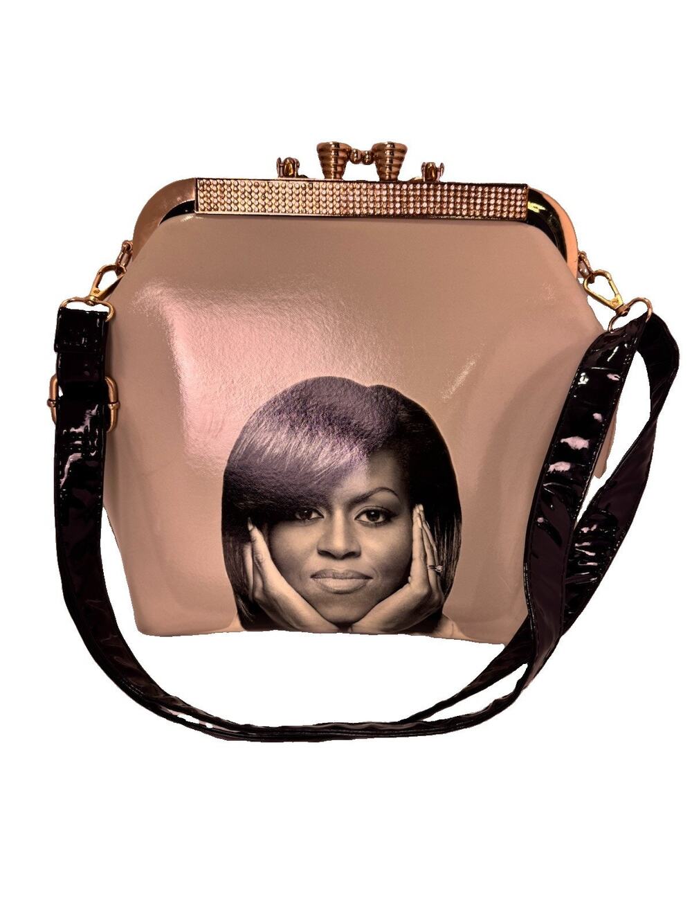 Michelle Obama Handbag Purse Rhinestone Kiss Lock Patent Black Shoulder Bag